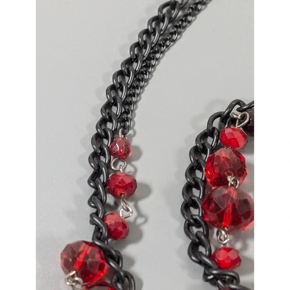 Black Metallic‎ Double Chain Long Layer Red Glass Bead Necklace Gothic 40